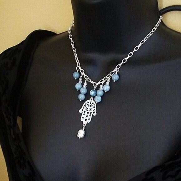 Boho Blue Agate & Patina Painted Hamsa Hand + Buddha - 20" Adjustable Necklace - Picture 1 of 10